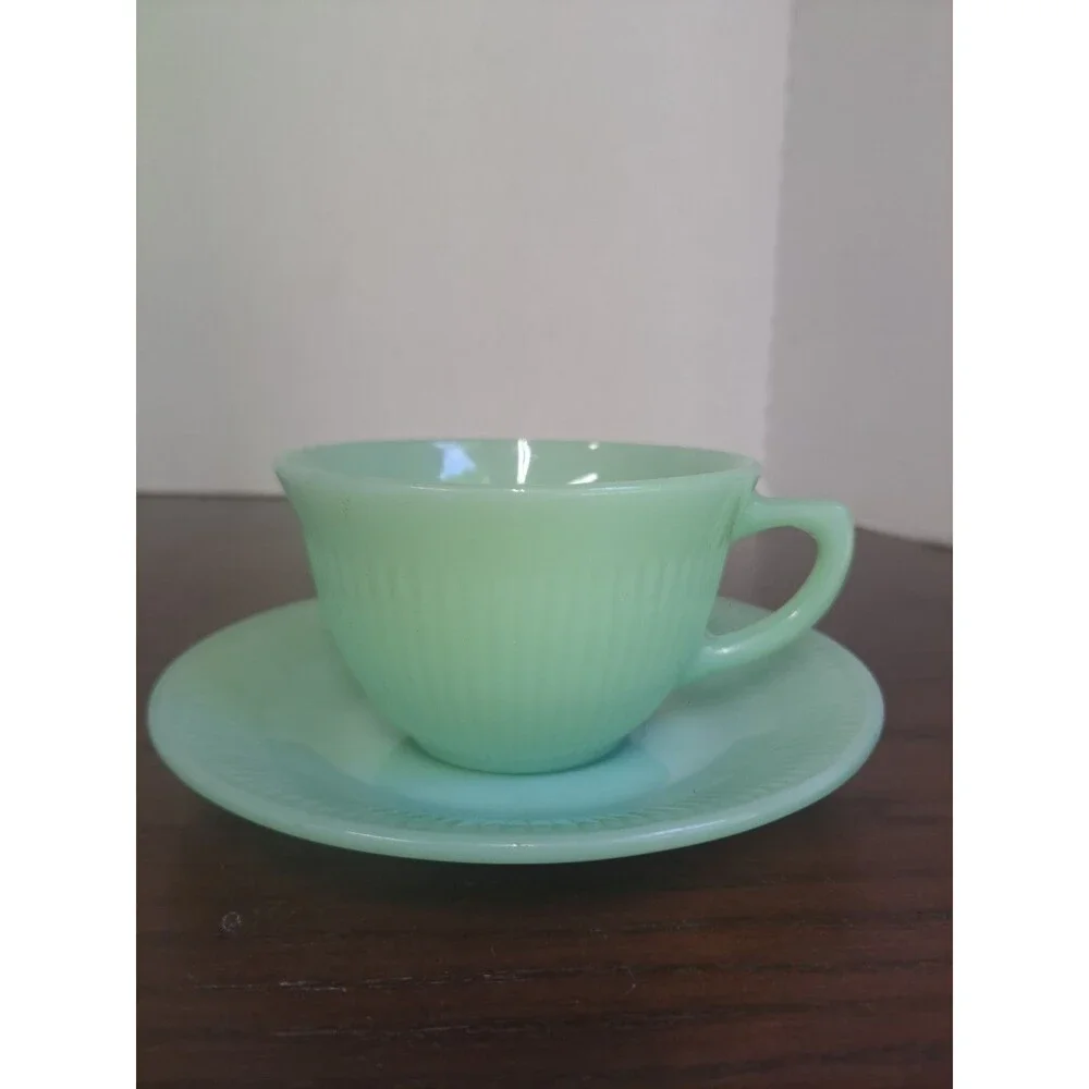 Vintage 1950s Jadeite Fire King Jane Ray Opaque Cup And Saucer Set